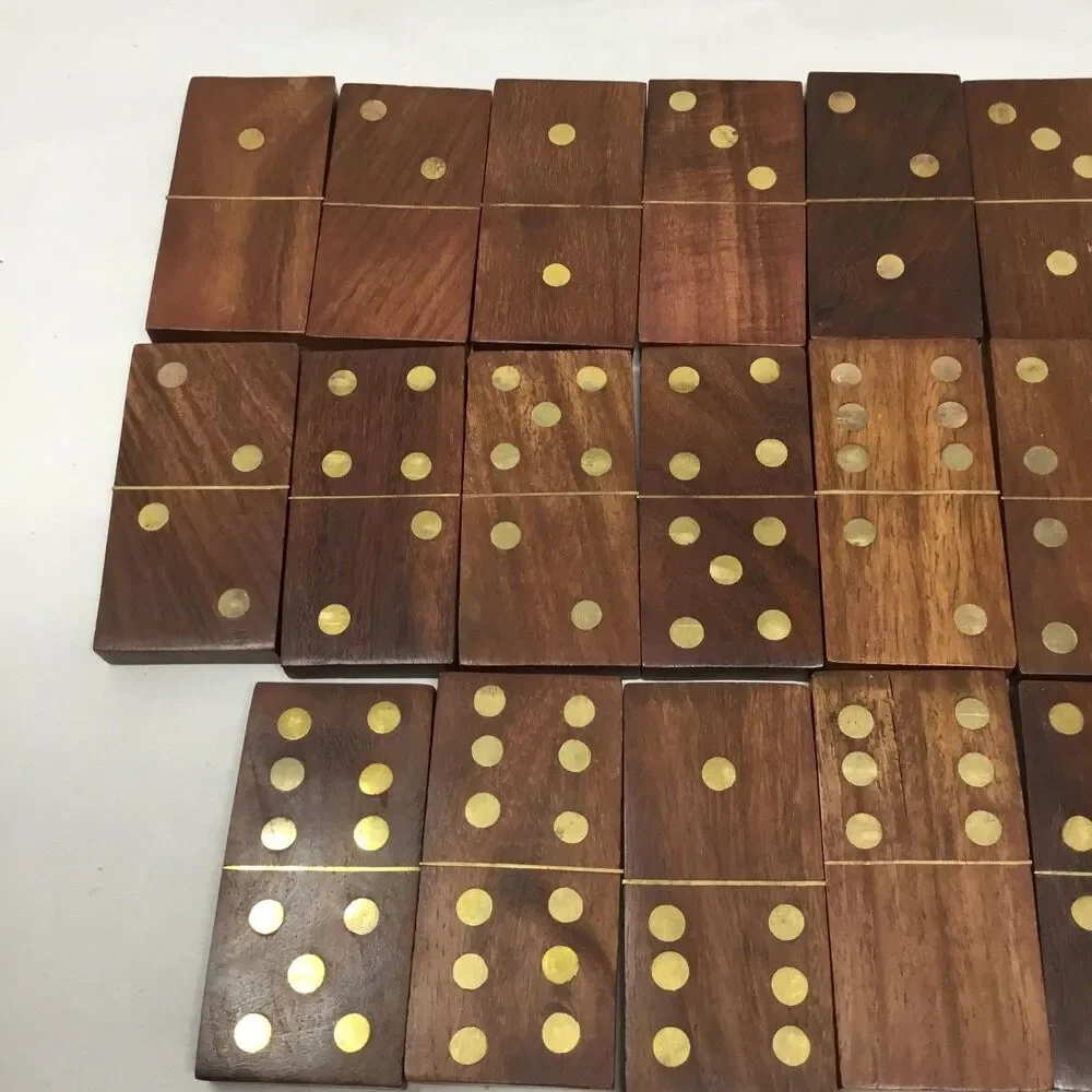 Vintage Wooden Domino Set Storage Box Wood with Brass Inlay Handcrafted 28 Piece